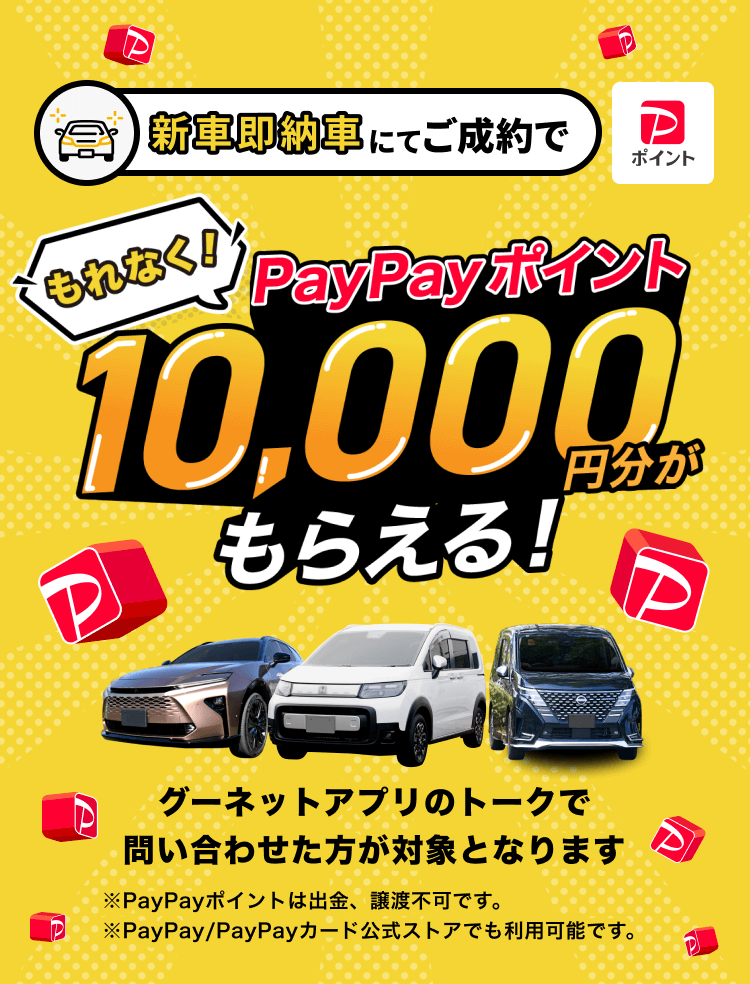 新車即納車ご成約でもれなくPayPayポイント１万円分がもらえる！