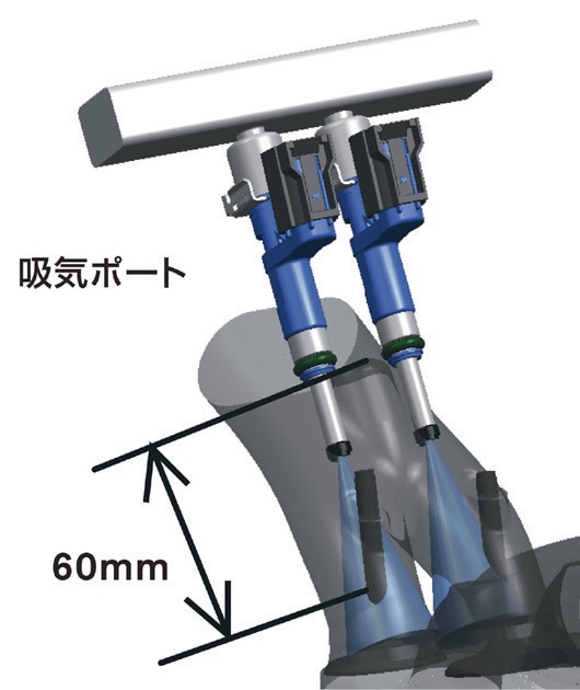 量産エンジン初となるジュークのツインインジェクター。燃焼効率向上に貢献