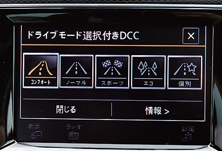6速DSGのシフトレバー左にはドライビングプロファイル機能のスイッチがあり、4つのモードを選択可能。DCC(アダプティブシャシーコントロール)仕様車はコンフォート/ノーマル/スポーツ/エコ/個別の5つのモードが選択可能