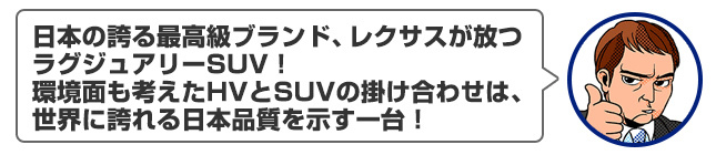 日本の誇る最高級ブランド、レクサスが放つラグジュアリーSUV！環境面も考えたHVとSUVの掛け合わせは、世界に誇れる日本品質を示す一台！