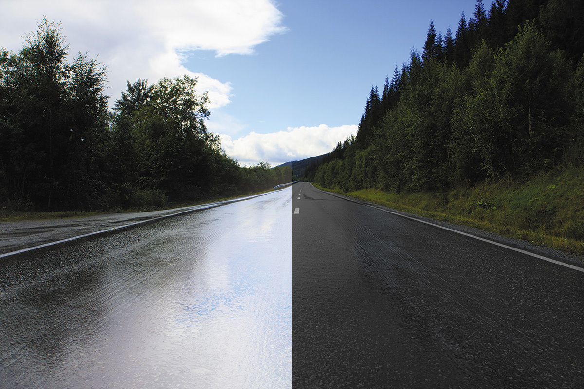 雨上がりの路面＿左：通常のレンズ ／　右：偏光機能レンズ（イメージ）