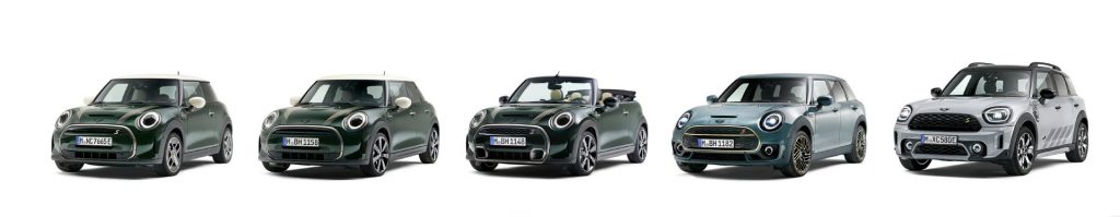 (左から)MINI クーパー 3ドア レゾリュート・エディション、MINI クーパー 5ドア レゾリュート・エディション、MINI クーパー コンバーチブル レゾリュート・エディション、MINI クラブマン アントールド・エディション、MINI カントリーマン アンテイムド・エディション