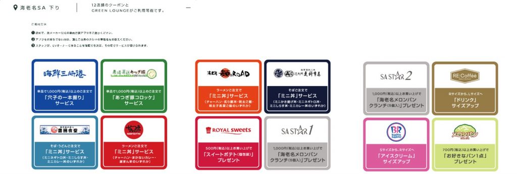5カ所のサービスエリアとパーキングエリア内で使用できる「GREEN COUPON」※画像は一部抜粋。
