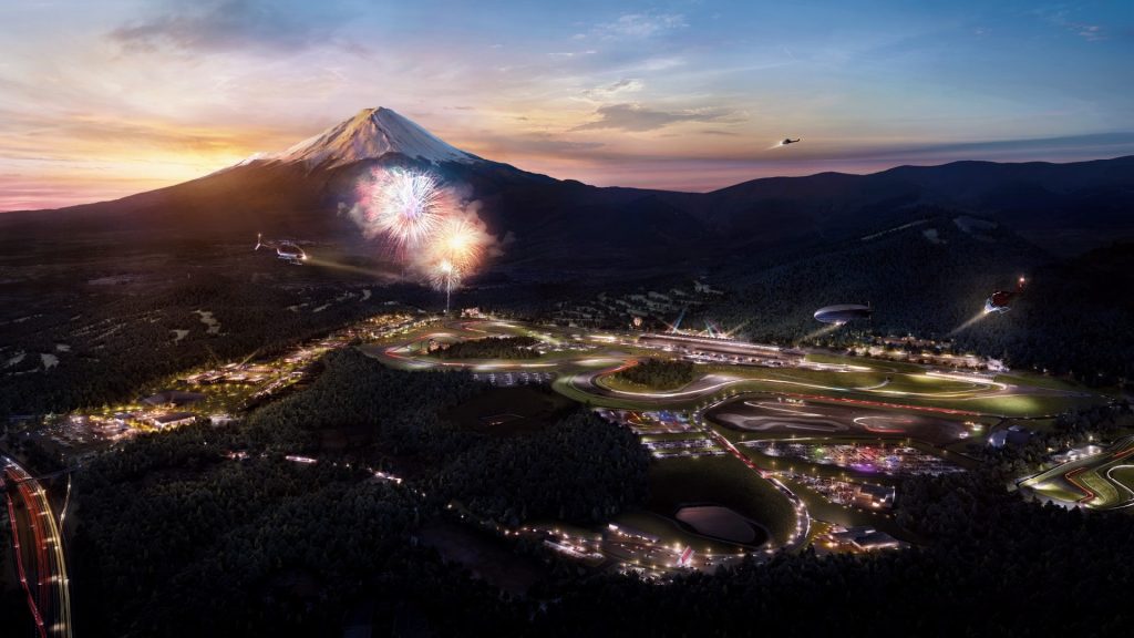 富士山と「富士モータースポーツフォレスト」（左側が新東名高速・（仮称）小山PA）　※イメージパース