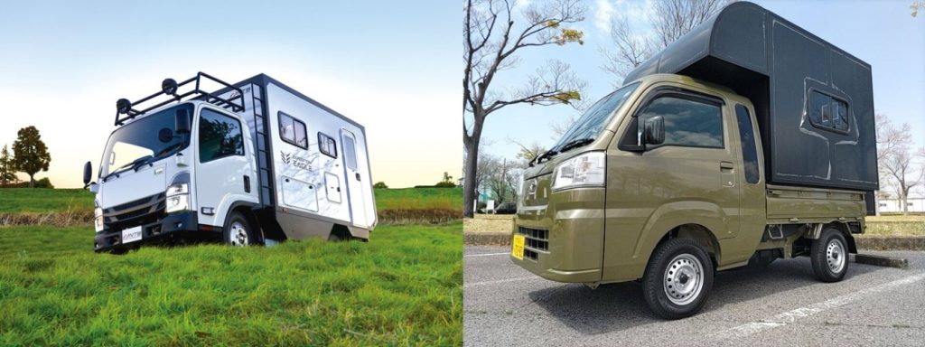 日本特種ボディー「エクスペディション イーグル」(左)とNEXT LIFEが開発中の新型軽トラキャン(右)