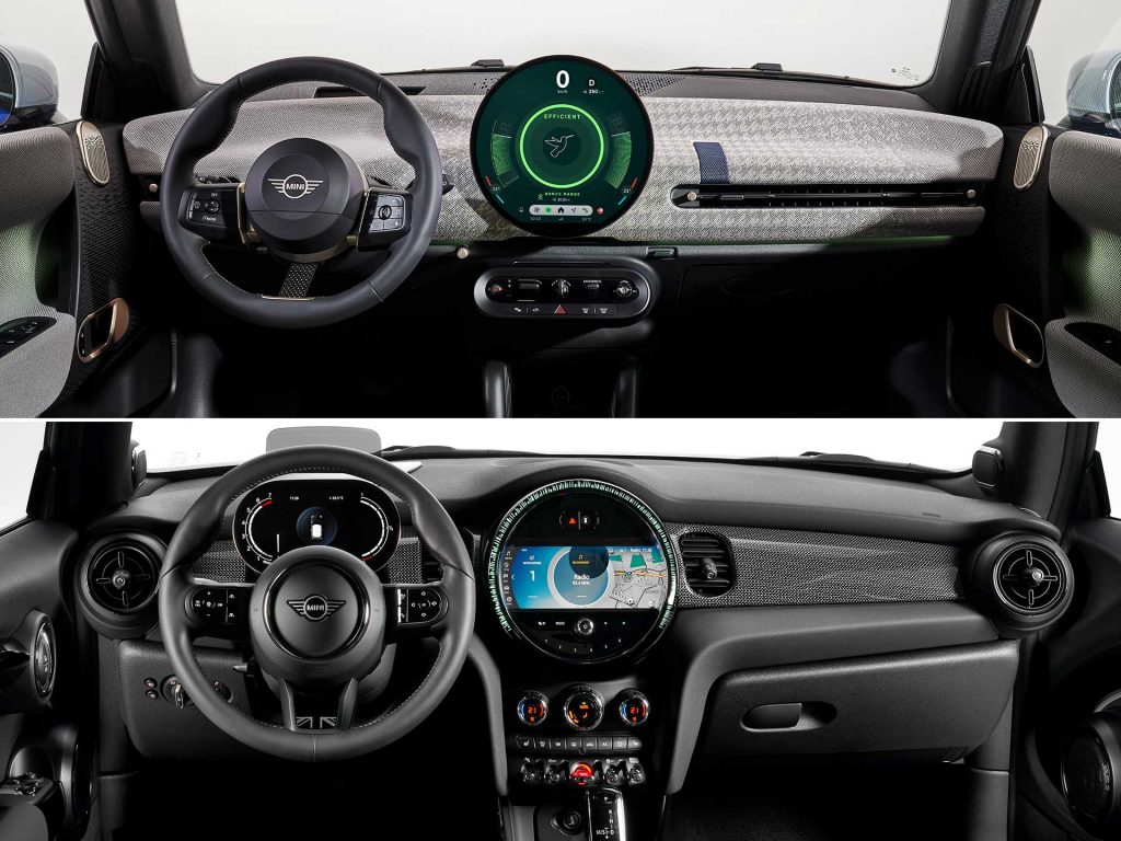 上が新型MINI クーパーSE、下は前モデルのMINI クーパーS。中央のディスプレイ下部や運転席正面の違いに注目