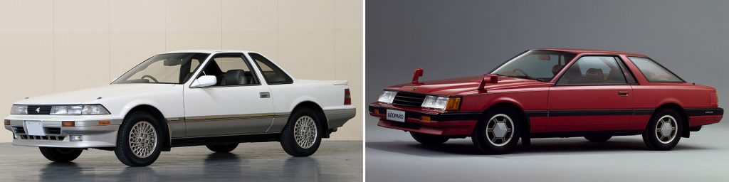 （写真左から）トヨタ・ソアラ、日産・レパード。1980年代は個性的なクーペモデルが一世を風靡した