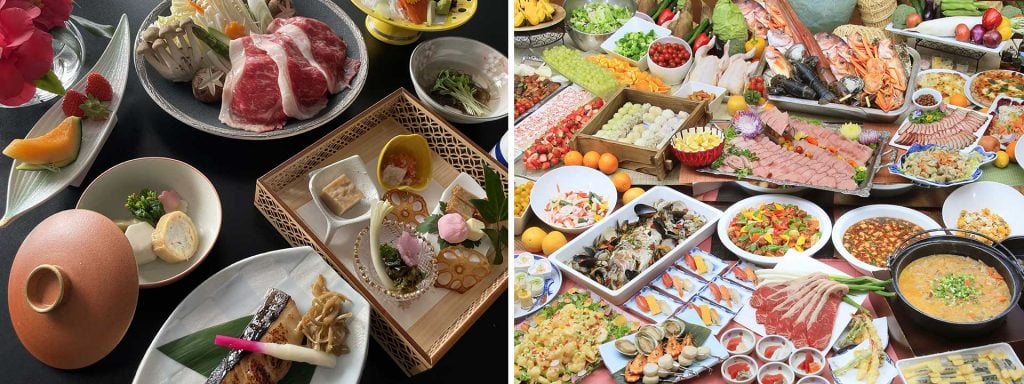 （左写真）群馬・水上地方の新鮮な食材を使用したオリジナル会席料理
（右写真）和洋中の豊富なメニューを取り揃えたディナービュッフェ