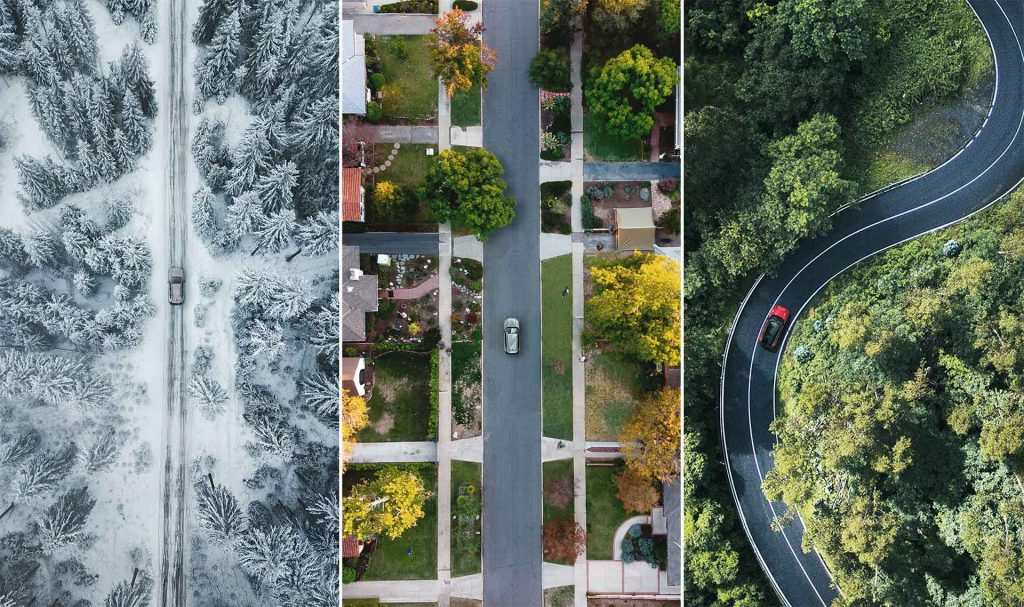 米国トヨタが公開した3点の写真。雪道、市街地、山道を走る車両の姿が確認できる