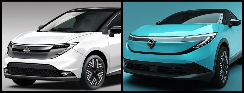グーネットマガジンの予想CG（左側）と、日産が発表した新型リーフ