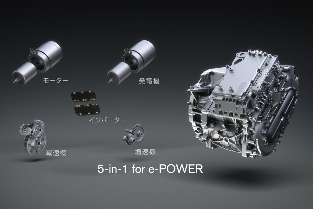 第3世代e-POWERに採用される“5 in 1”パワートレイン。モーターや発電機などが一体化され、パワートレイン全体の軽量化が図られる
