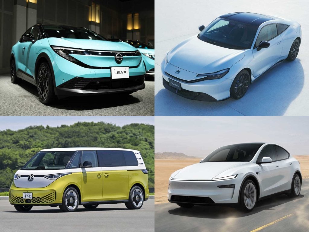 (写真左上から)日産・リーフ、ホンダ・プレリュード、フォルクスワーゲン・ID. Buzz、テスラ・モデルY