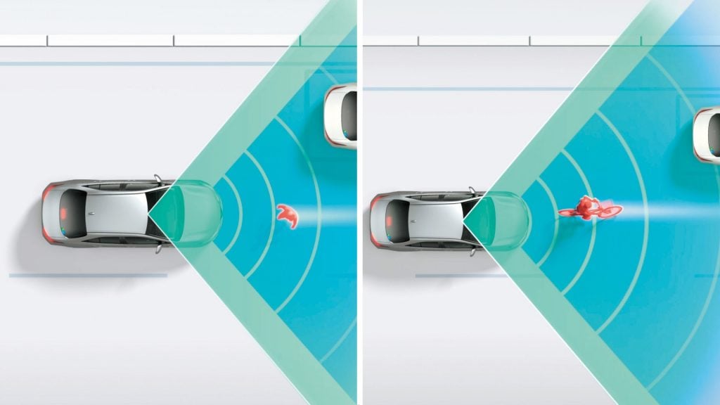 プリクラッシュセーフティ：直進時の歩行者・自転車運転者検知機能（作動イメージ）