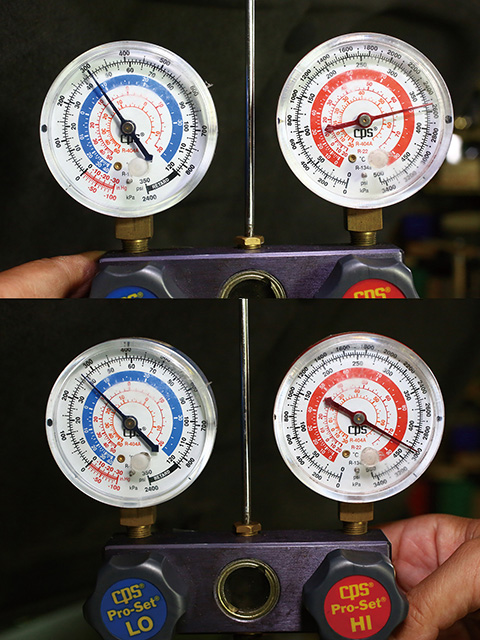 A／Cスイッチオンと共に、グングン圧力が上がり、赤い目盛りの高圧側が3MPaまで上がるとコンプレッサーが停止する。これ以上上がると危険なためだ。扇風機でコンデンサーを冷やすと2.5MPa動く。